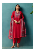 Red Cotton Blend Digital Printed Straight Kurta Set