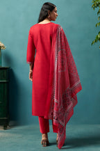 Red Cotton Blend Digital Printed Straight Kurta Set