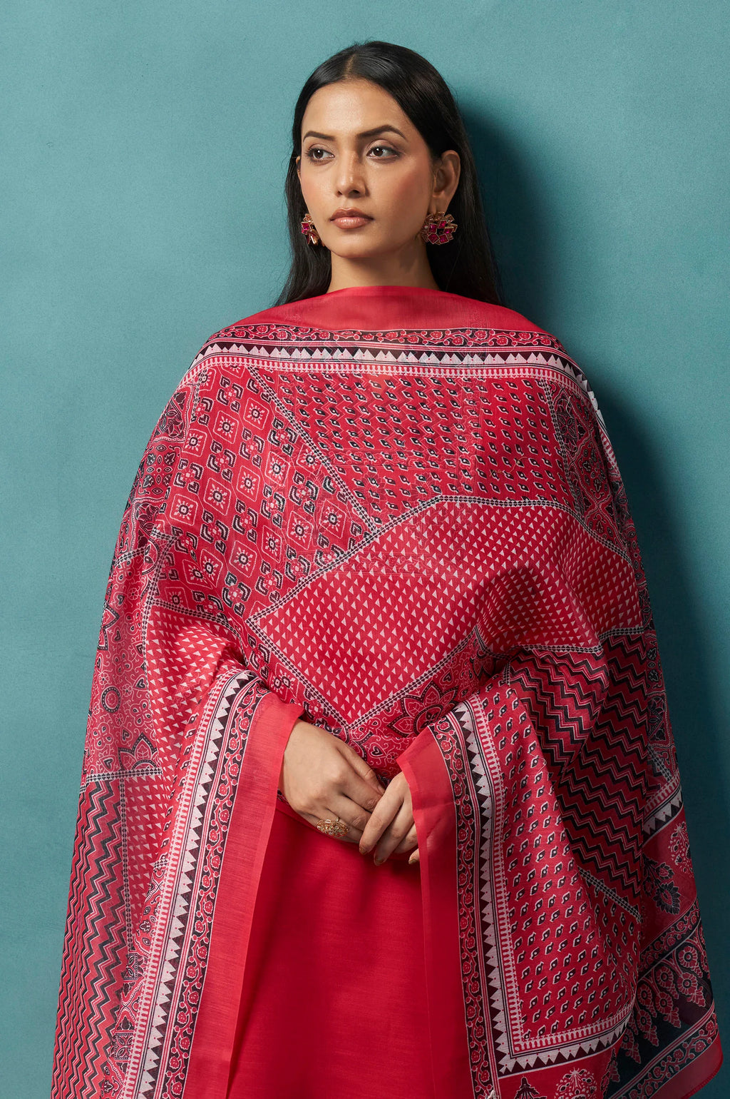 Red Cotton Blend Digital Printed Straight Kurta Set