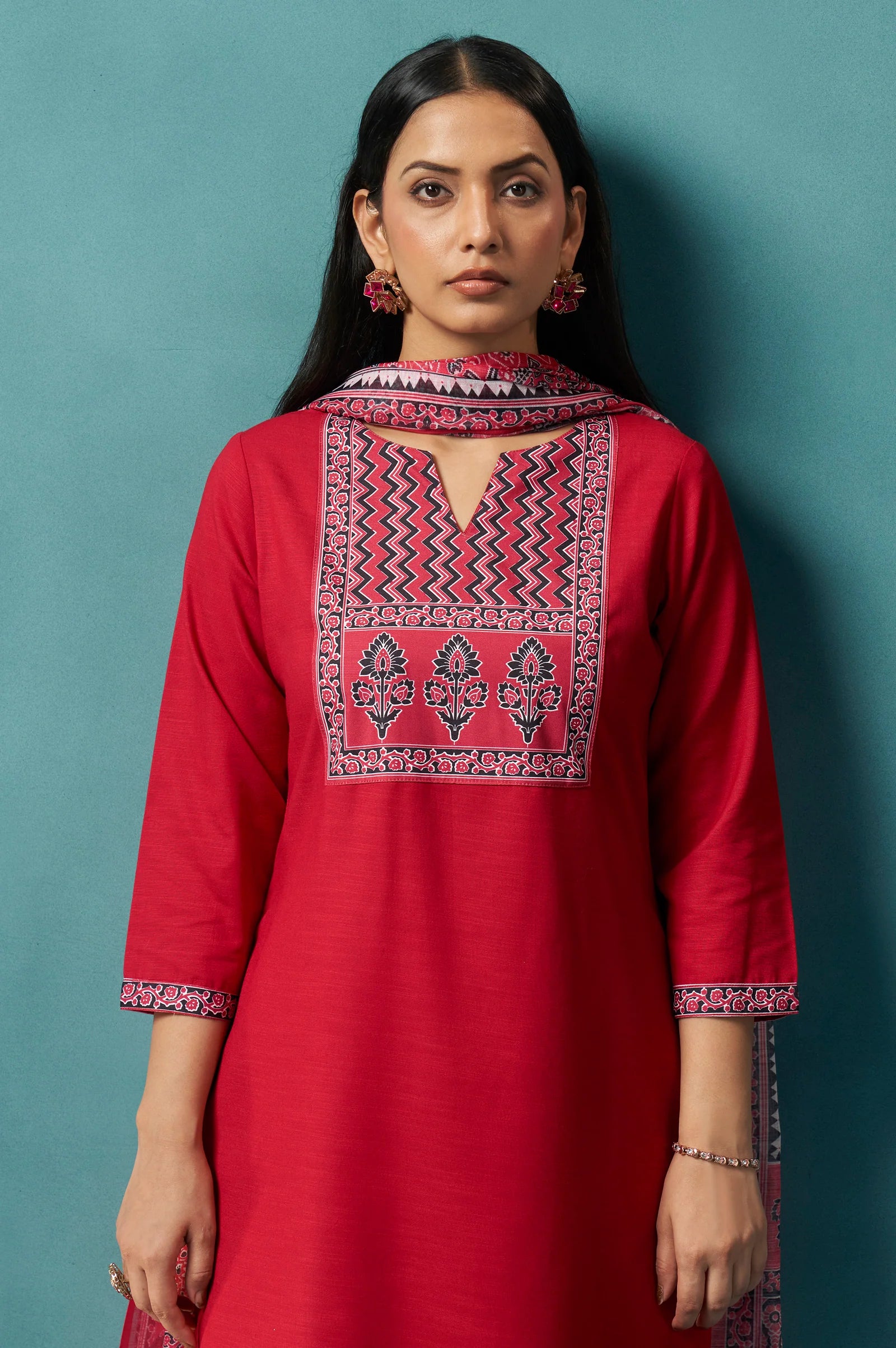Red Cotton Blend Digital Printed Straight Kurta Set