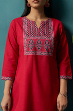 Red Cotton Blend Digital Printed Straight Kurta Set