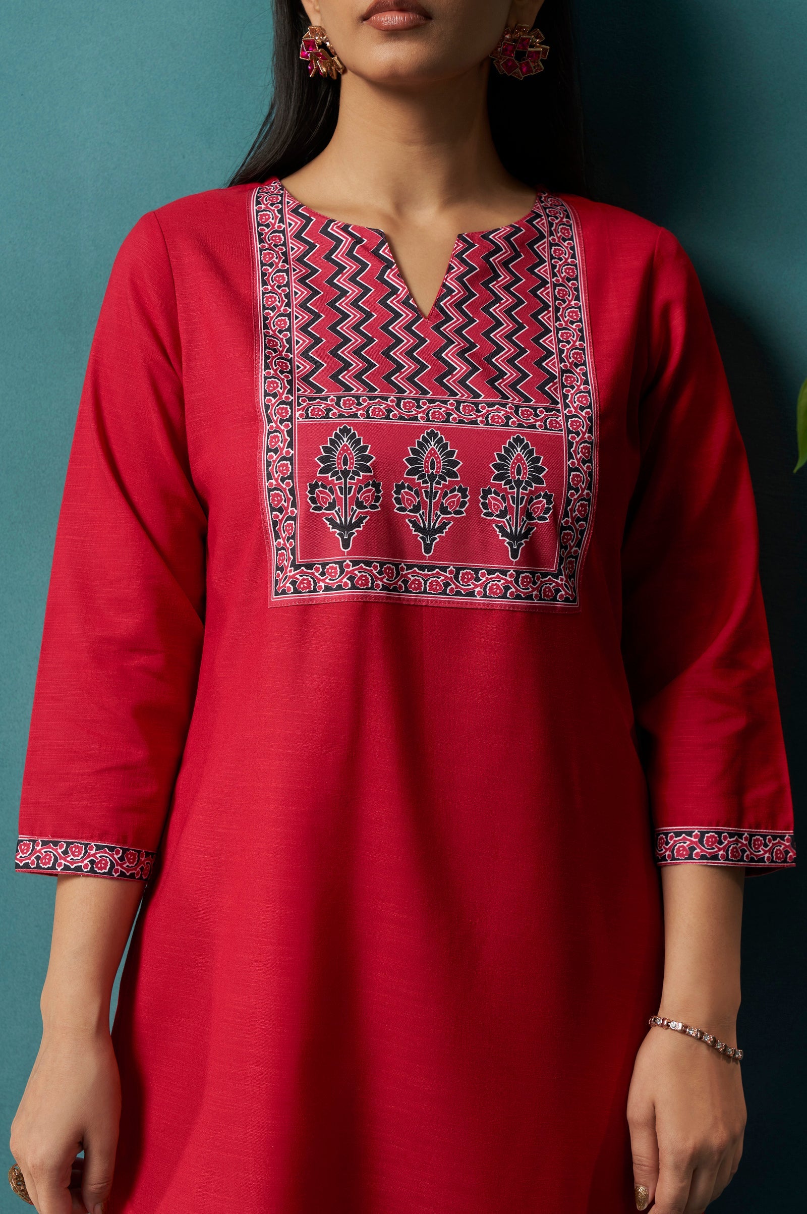 Red Cotton Blend Digital Printed Straight Kurta Set