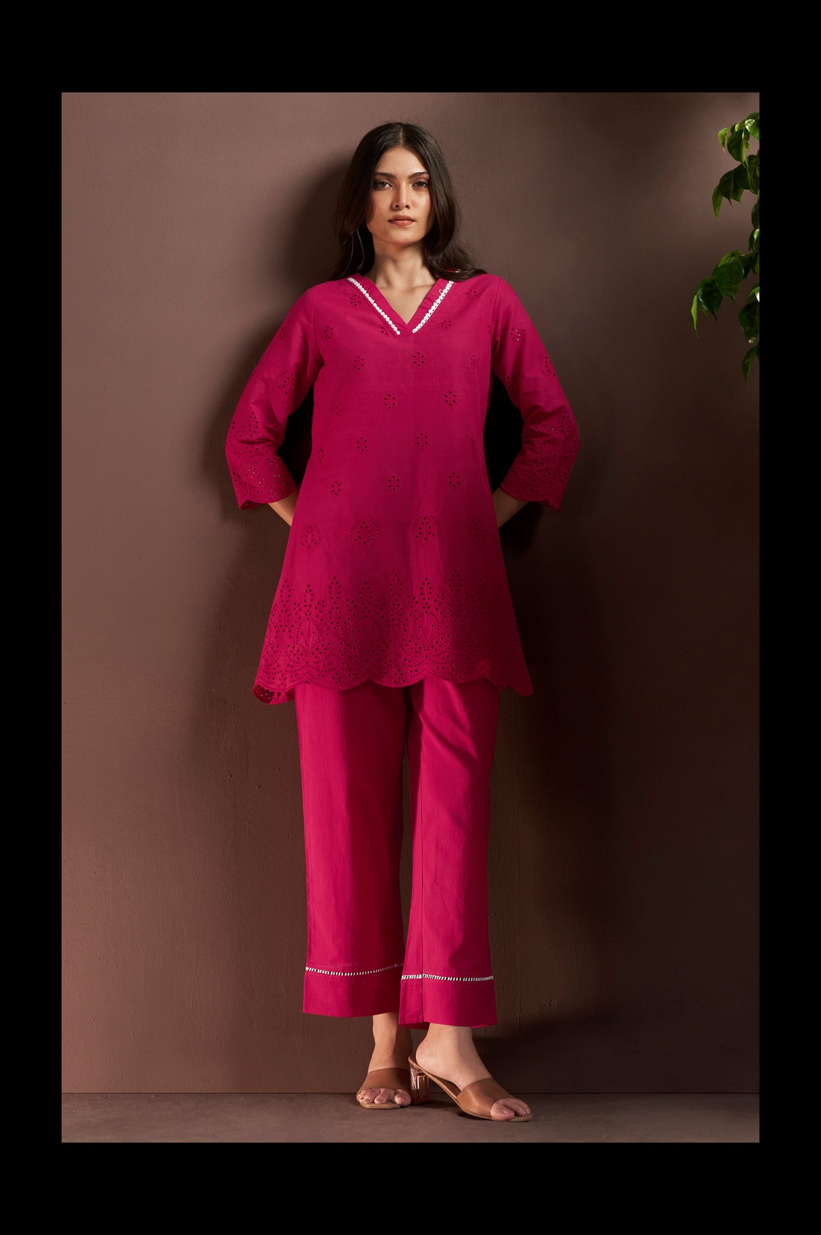 Women’s Dark Pink Pure Cotton Schiffli Co-Ord Set