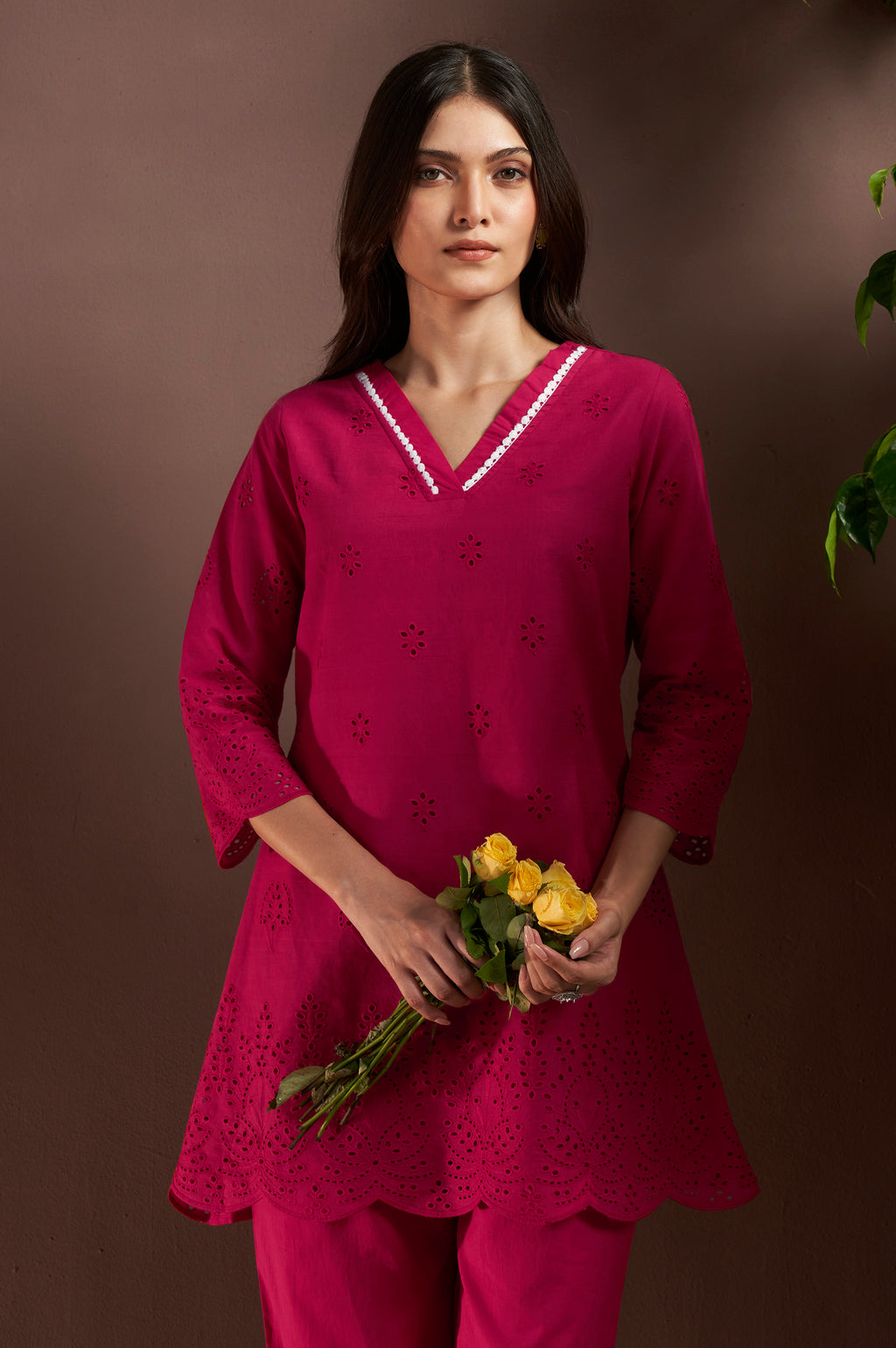Women’s Dark Pink Pure Cotton Schiffli Co-Ord Set