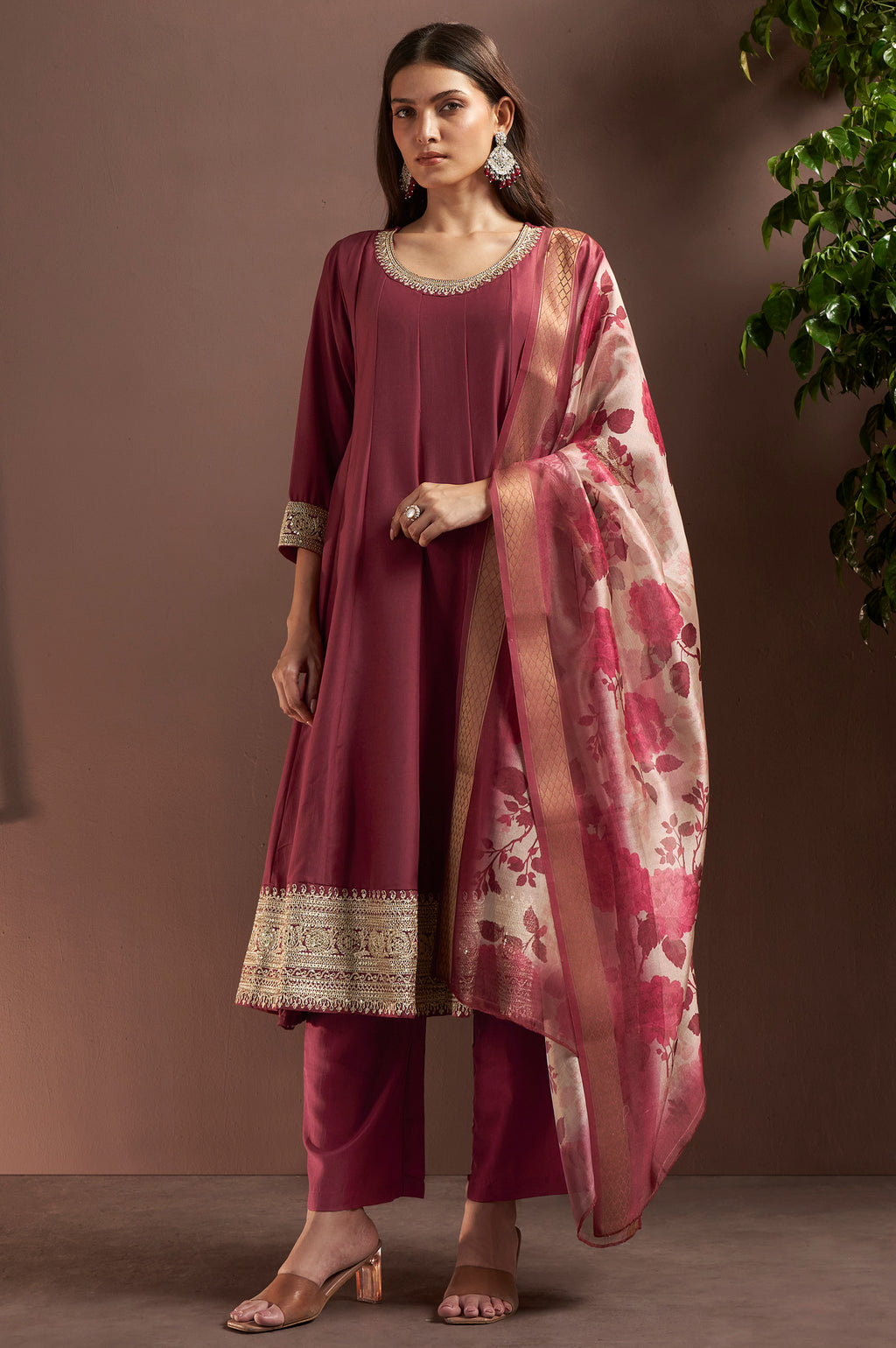 Wine Chinnon Embroidered Straight Kurta Set