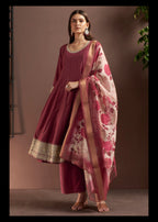 Wine Chinnon Embroidered Straight Kurta Set