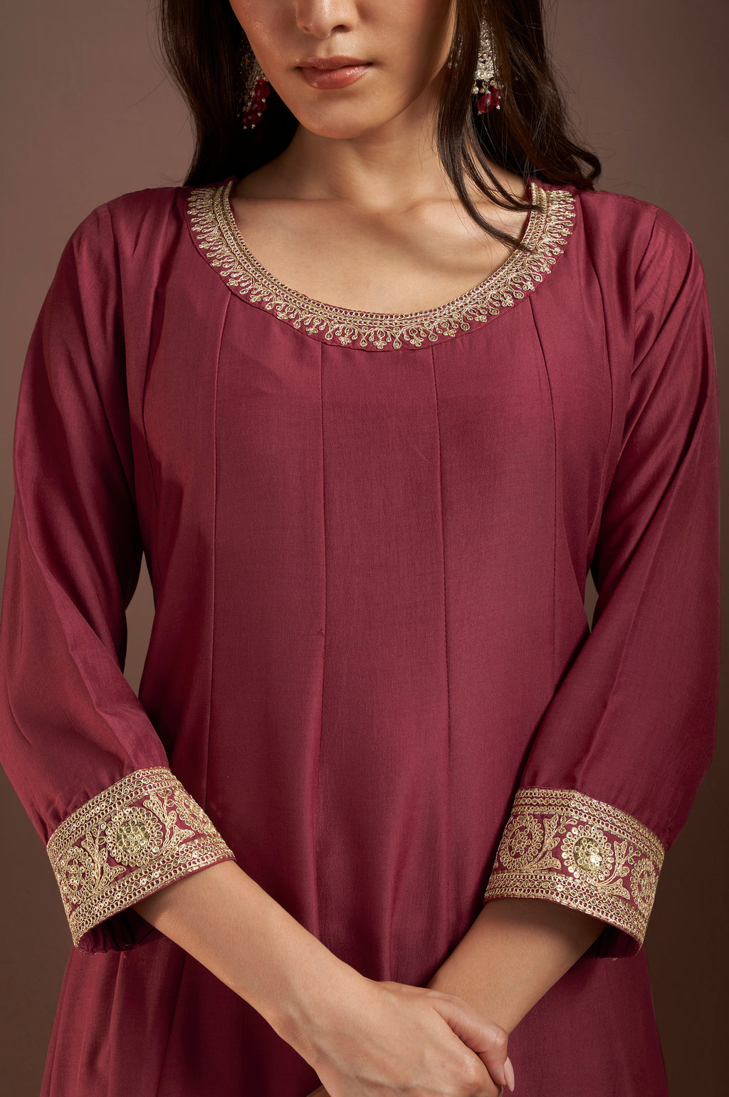 Wine Chinnon Embroidered Straight Kurta Set