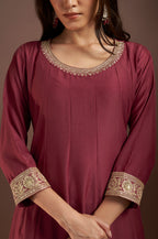 Wine Chinnon Embroidered Straight Kurta Set