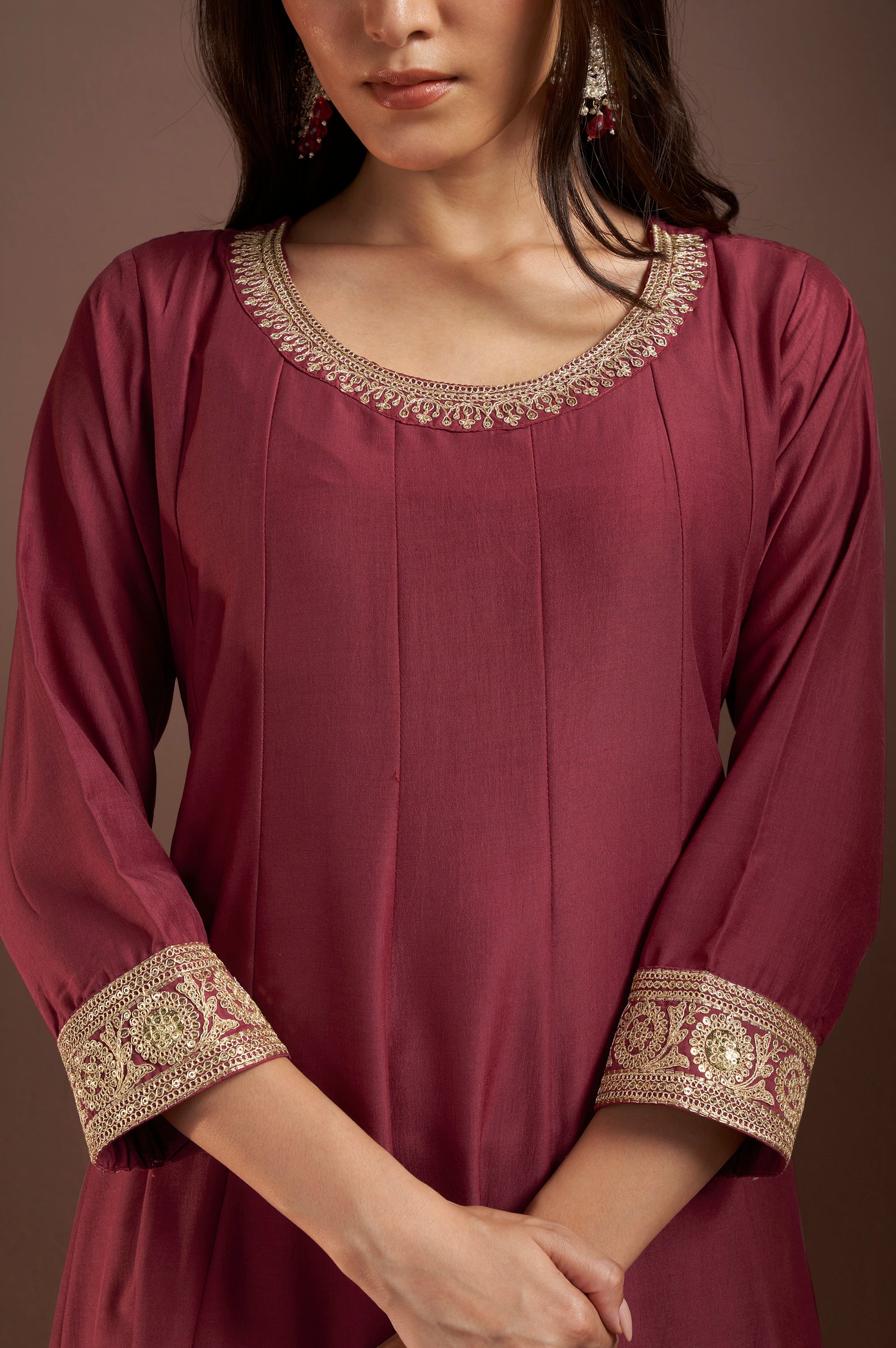 Wine Chinnon Embroidered Straight Kurta Set