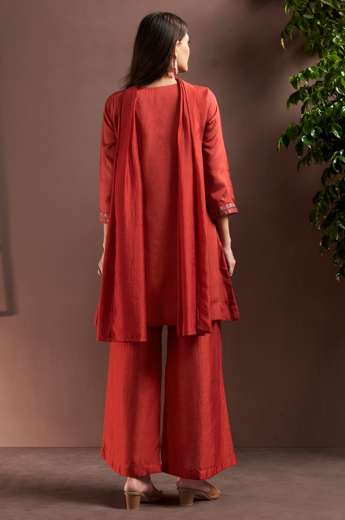 Rust Silk Blend Embroidered and Mirrorworka Straight Kurta Set with Choker Net Dupatta
