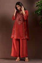 Rust Silk Blend Embroidered and Mirrorworka Straight Kurta Set with Choker Net Dupatta