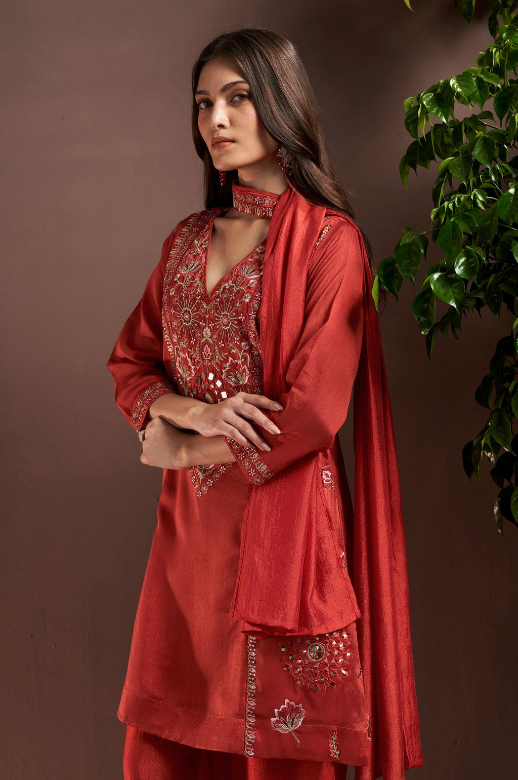 Rust Silk Blend Embroidered and Mirrorworka Straight Kurta Set with Choker Net Dupatta