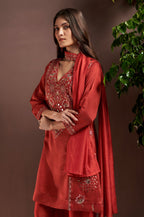 Rust Silk Blend Embroidered and Mirrorworka Straight Kurta Set with Choker Net Dupatta