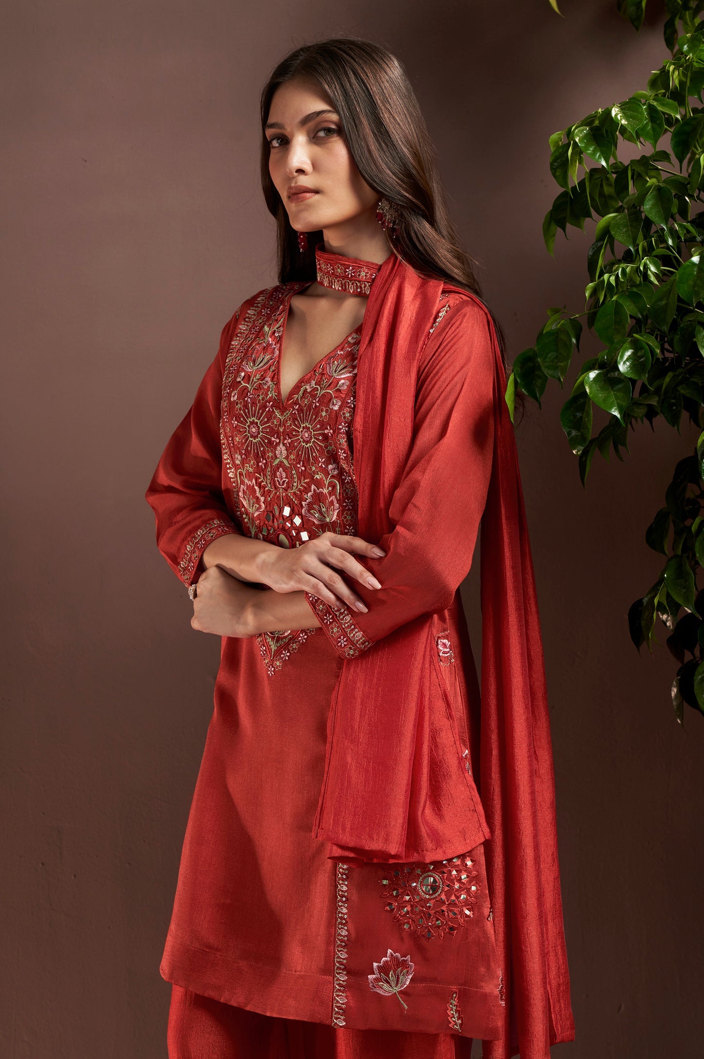 Rust Silk Blend Embroidered and Mirrorworka Straight Kurta Set with Choker Net Dupatta