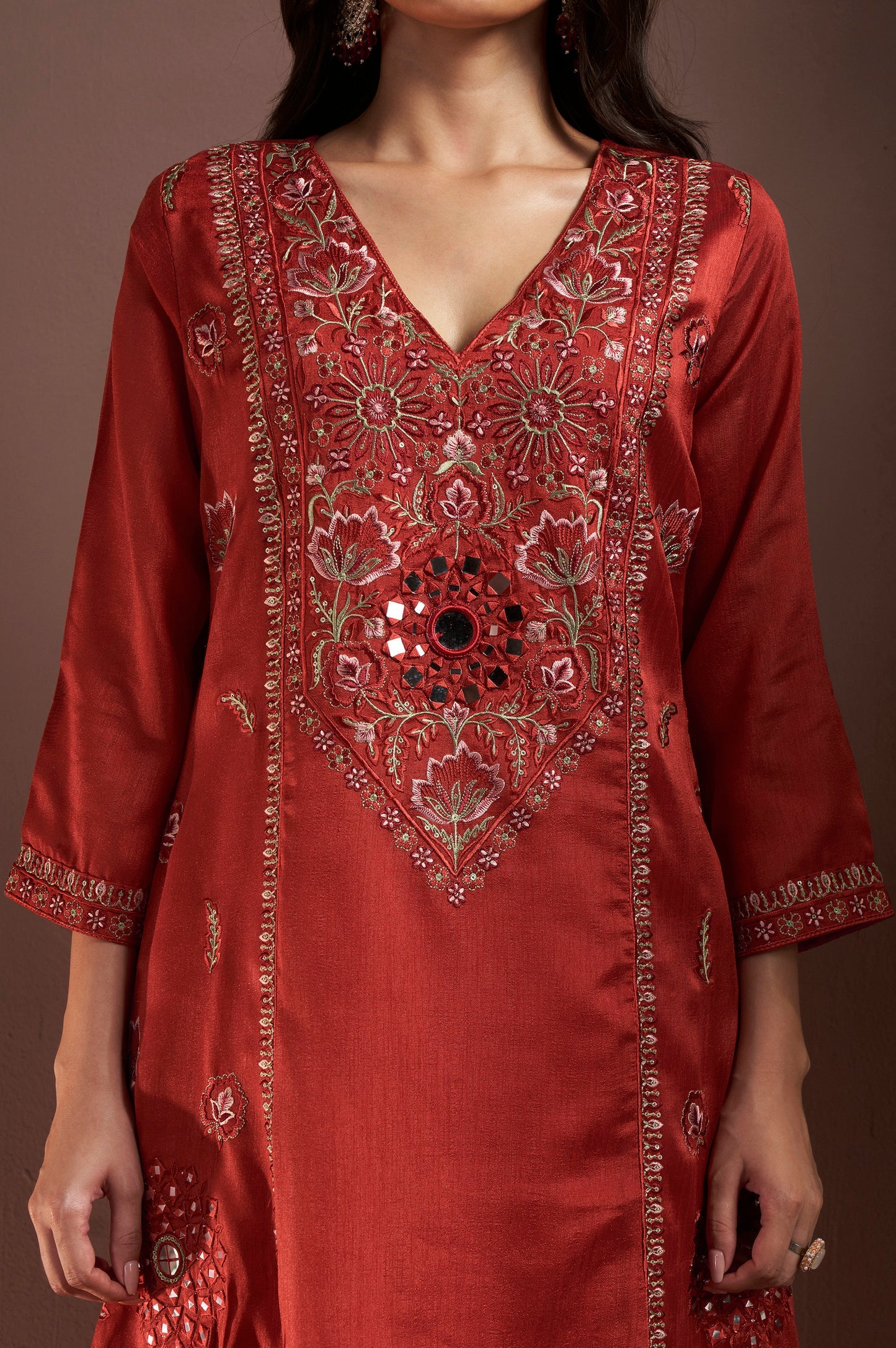 Rust Silk Blend Embroidered and Mirrorworka Straight Kurta Set with Choker Net Dupatta