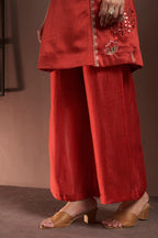 Rust Silk Blend Embroidered and Mirrorworka Straight Kurta Set with Choker Net Dupatta