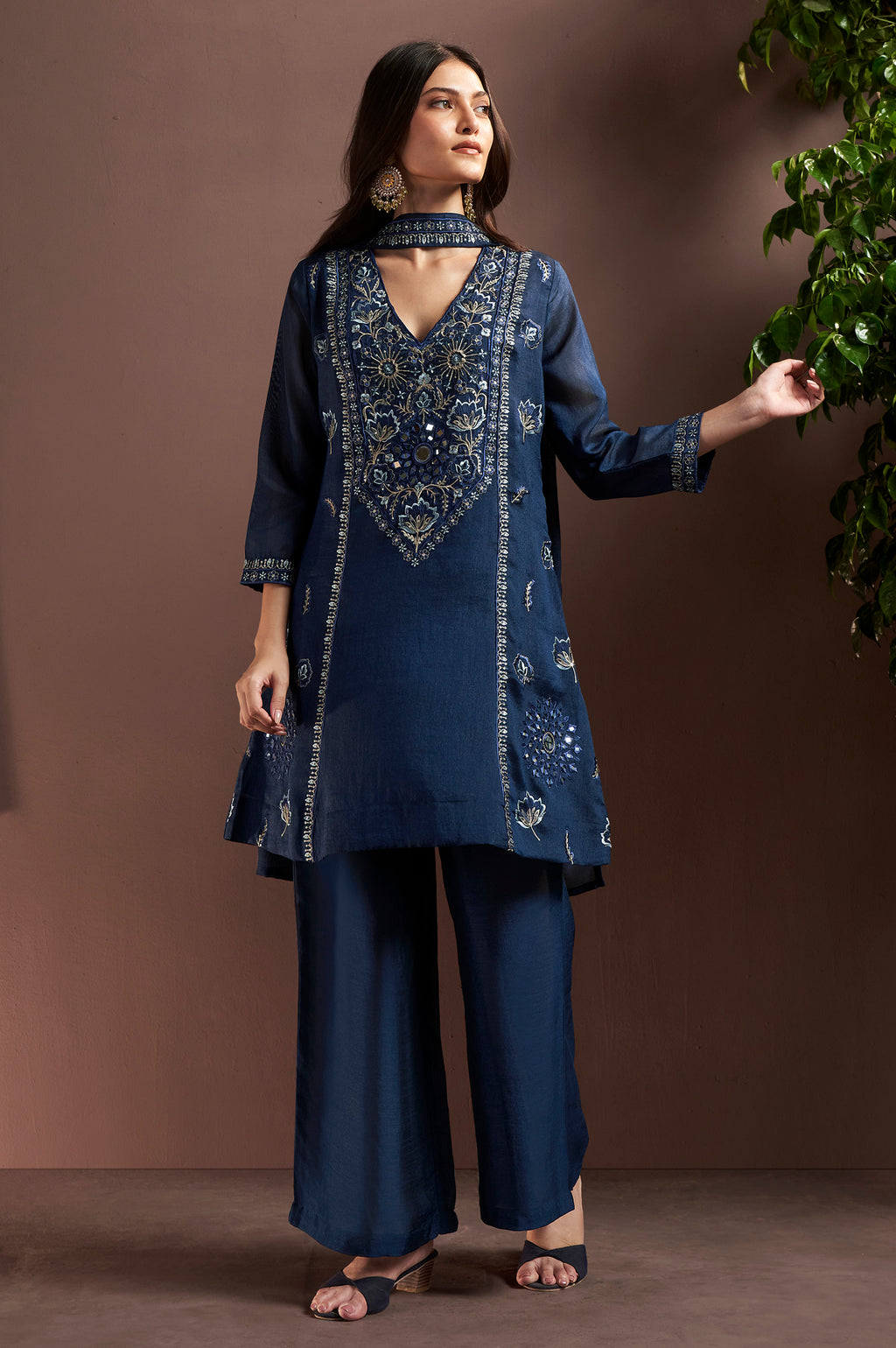 Rust Silk Blend Embroidered and Mirrorworka Straight Kurta Set with Choker Net Dupatta