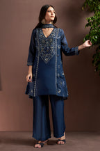 Rust Silk Blend Embroidered and Mirrorworka Straight Kurta Set with Choker Net Dupatta