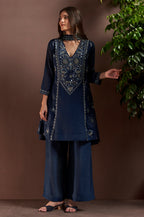 Rust Silk Blend Embroidered and Mirrorworka Straight Kurta Set with Choker Net Dupatta
