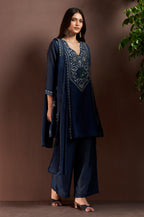 Rust Silk Blend Embroidered and Mirrorworka Straight Kurta Set with Choker Net Dupatta