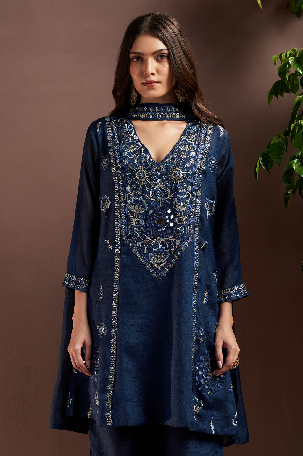 Rust Silk Blend Embroidered and Mirrorworka Straight Kurta Set with Choker Net Dupatta