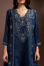 Rust Silk Blend Embroidered and Mirrorworka Straight Kurta Set with Choker Net Dupatta