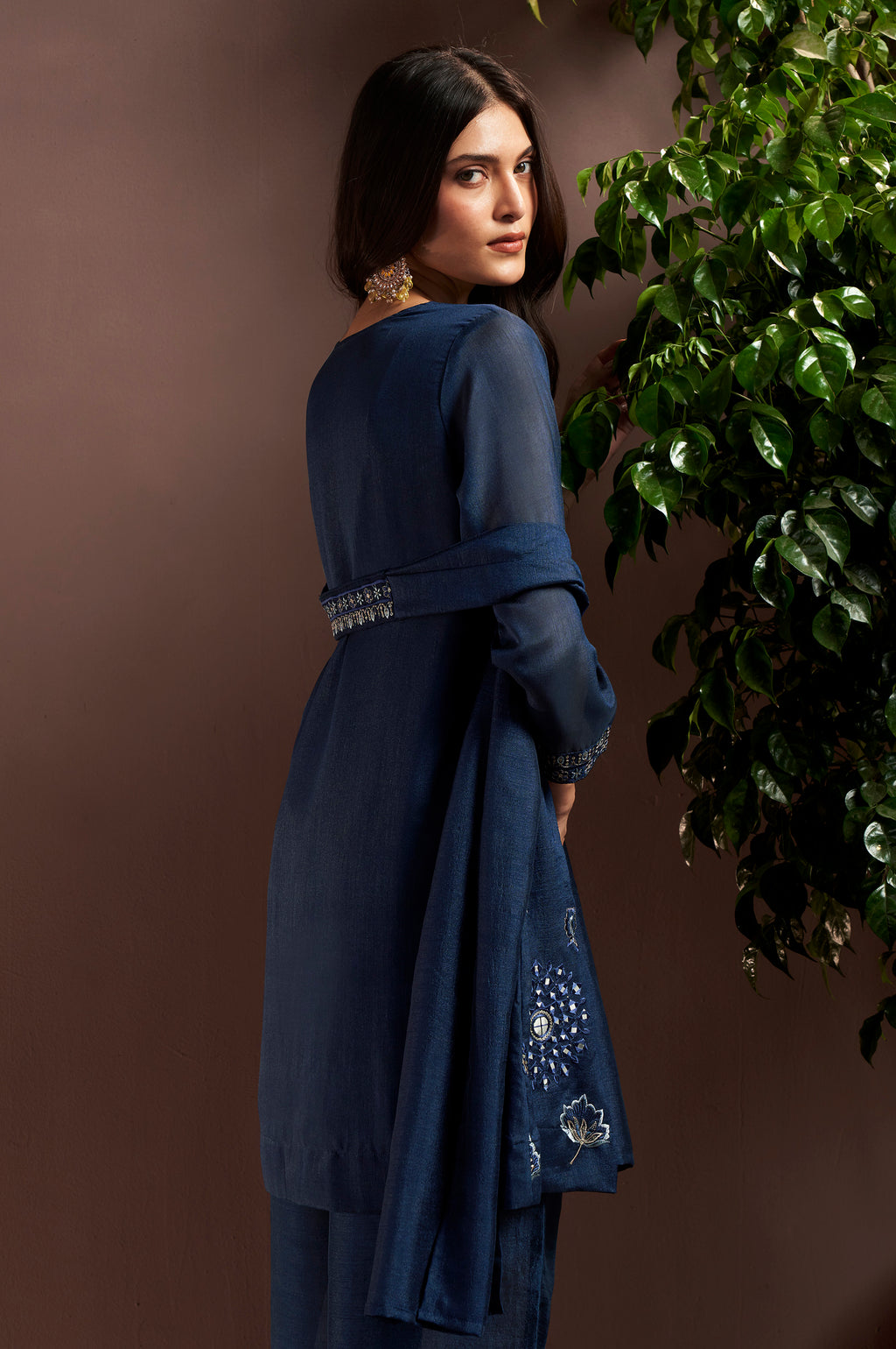 Rust Silk Blend Embroidered and Mirrorworka Straight Kurta Set with Choker Net Dupatta