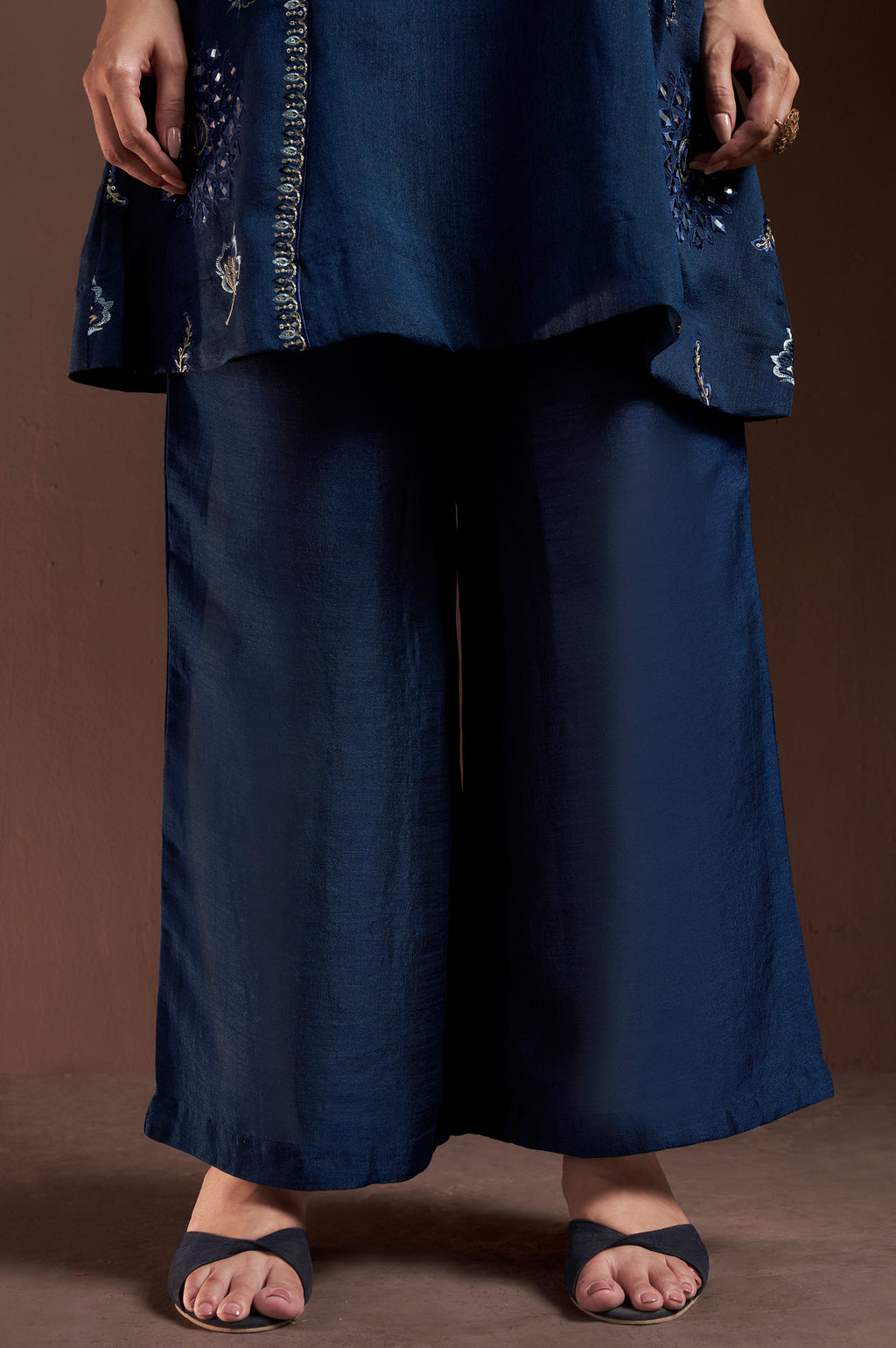 Rust Silk Blend Embroidered and Mirrorworka Straight Kurta Set with Choker Net Dupatta