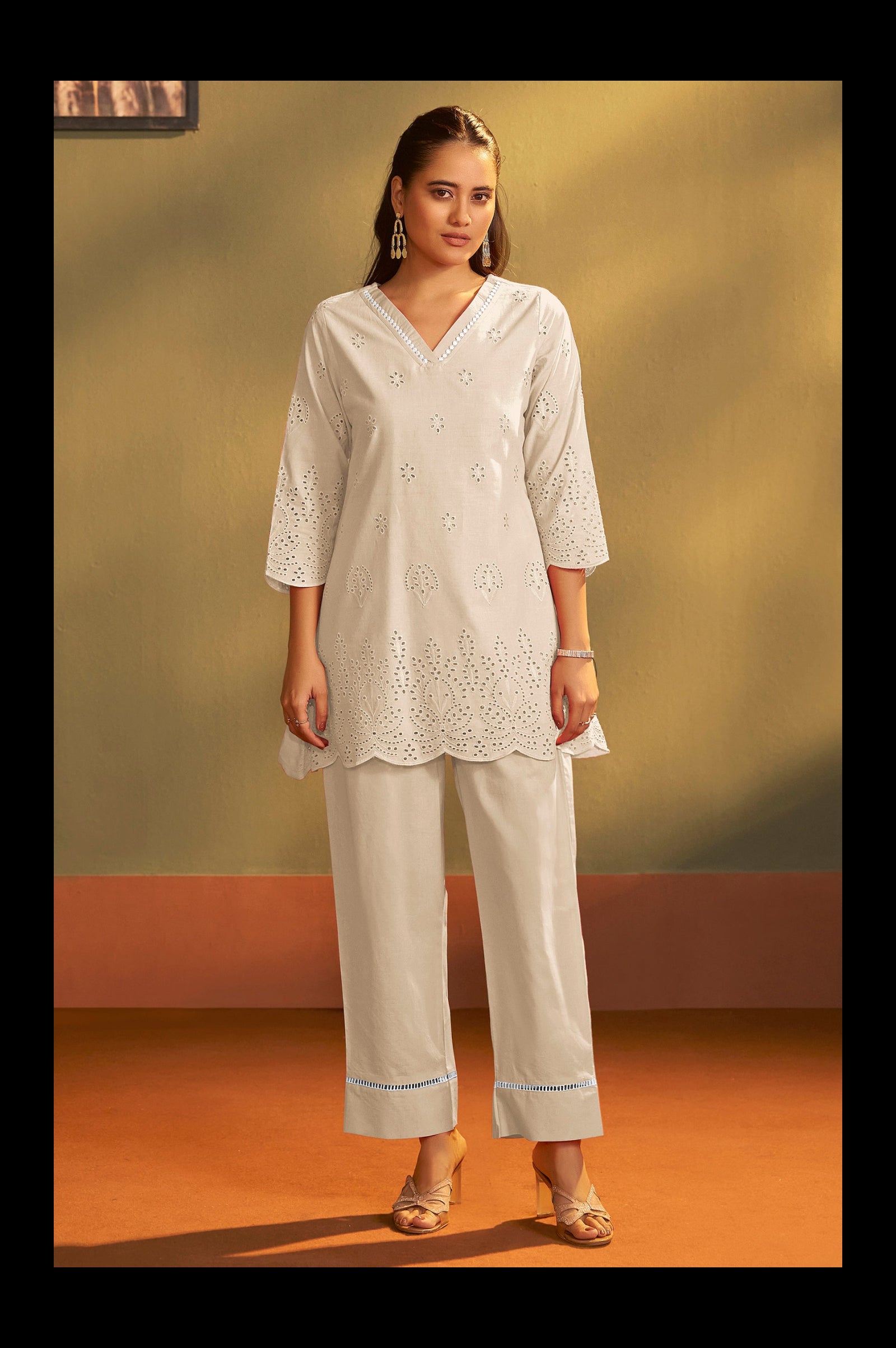 Women’s Cream Pure Cotton Schiffli Co-Ord Set