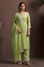 Women's Green Embroidered Cotton Blend Straight Kurta Set