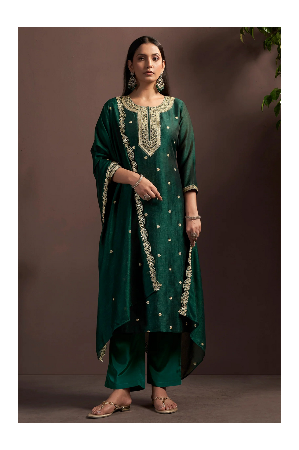 Green Vichitra Silk Embroidered Straight Kurta Set with Embroidered Dupatta