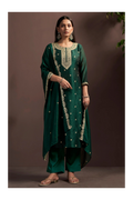 Green Vichitra Silk Embroidered Straight Kurta Set with Embroidered Dupatta