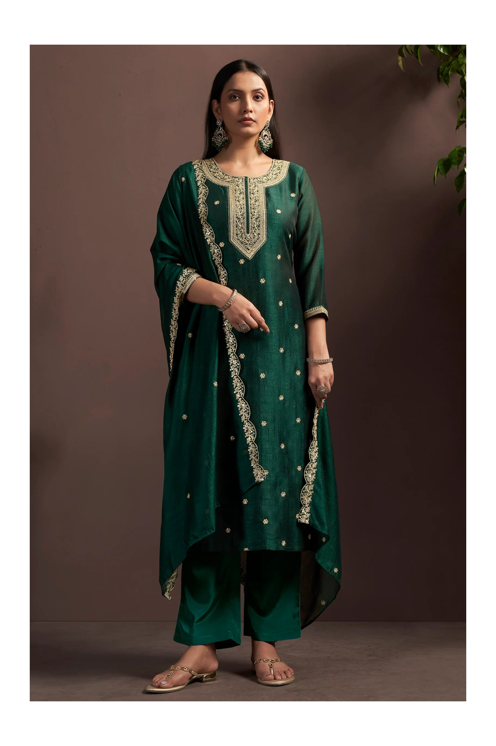 Green Vichitra Silk Embroidered Straight Kurta Set with Embroidered Dupatta