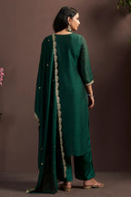 Green Vichitra Silk Embroidered Straight Kurta Set with Embroidered Dupatta