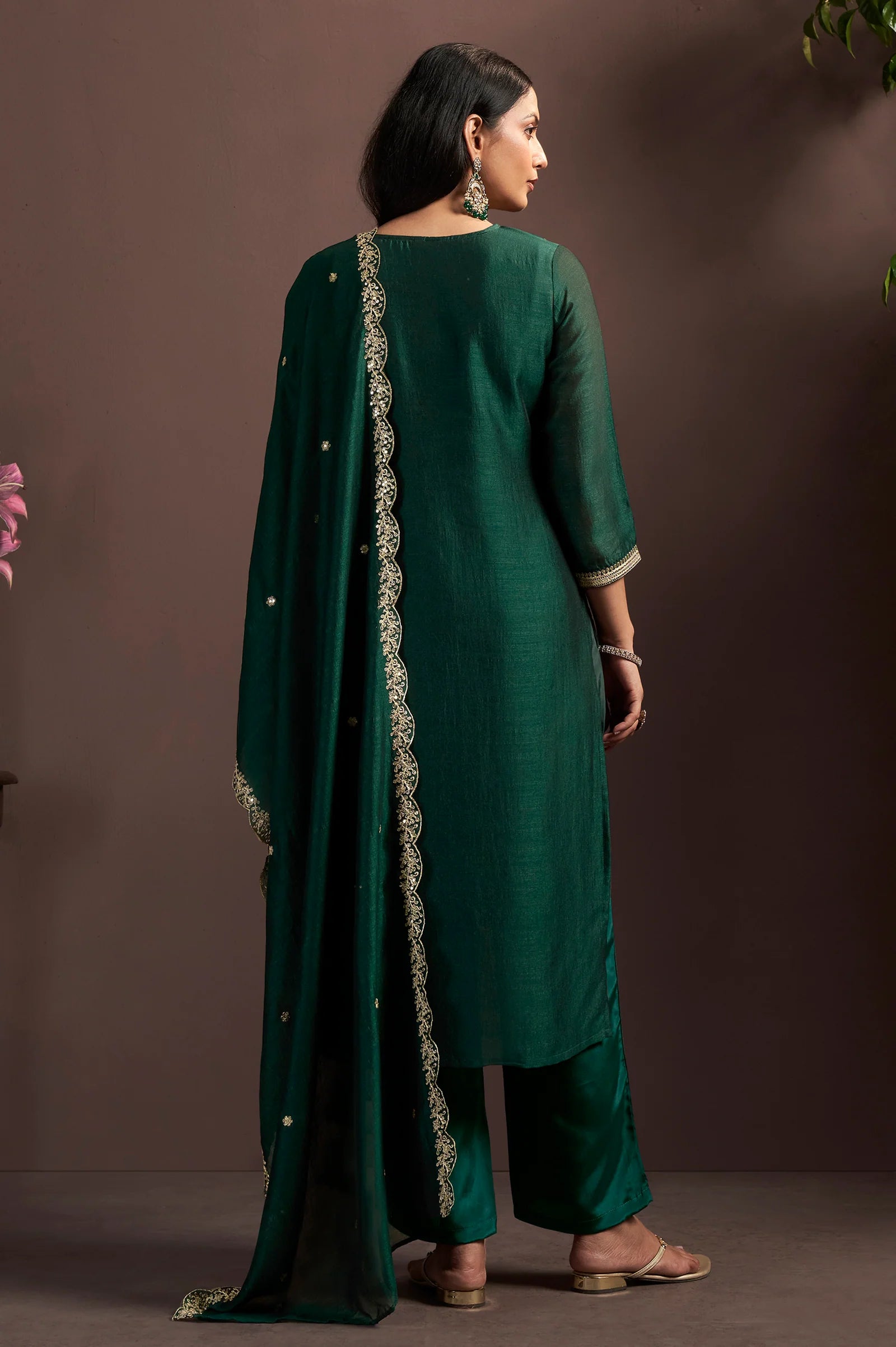 Green Vichitra Silk Embroidered Straight Kurta Set with Embroidered Dupatta