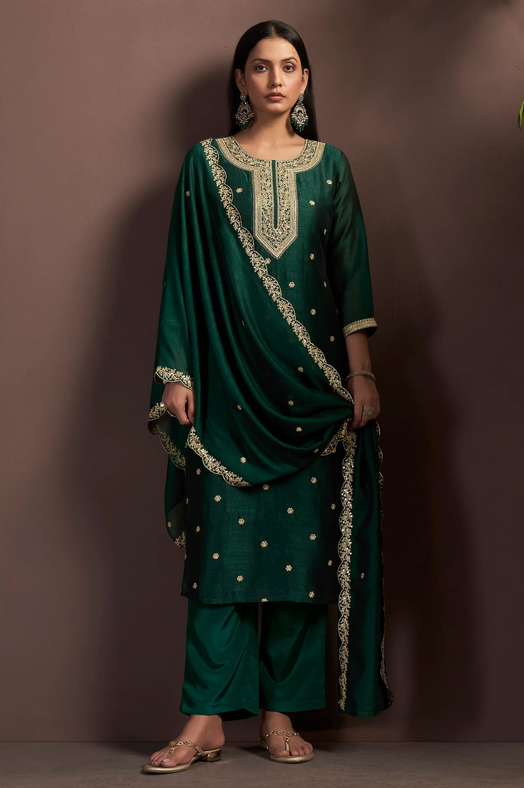 Green Vichitra Silk Embroidered Straight Kurta Set with Embroidered Dupatta