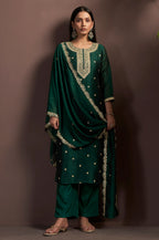 Green Vichitra Silk Embroidered Straight Kurta Set with Embroidered Dupatta