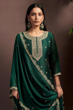 Green Vichitra Silk Embroidered Straight Kurta Set with Embroidered Dupatta