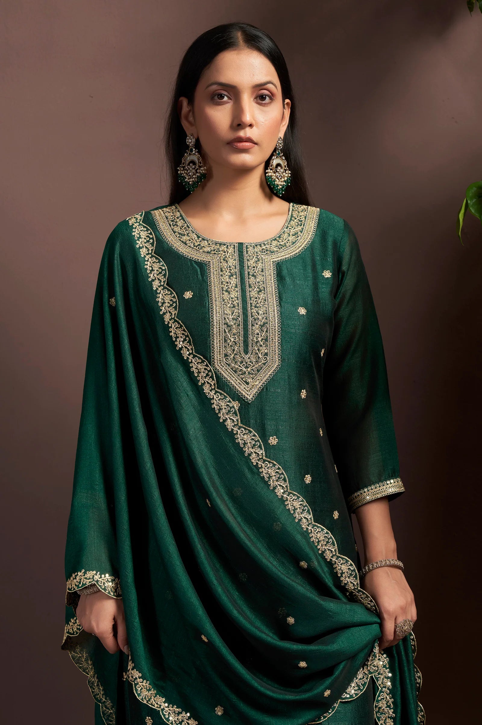 Green Vichitra Silk Embroidered Straight Kurta Set with Embroidered Dupatta
