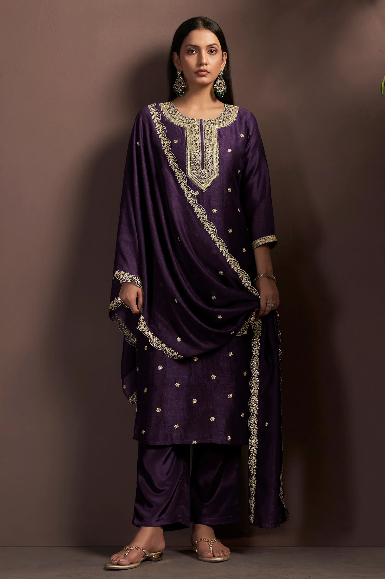 Green Vichitra Silk Embroidered Straight Kurta Set with Embroidered Dupatta