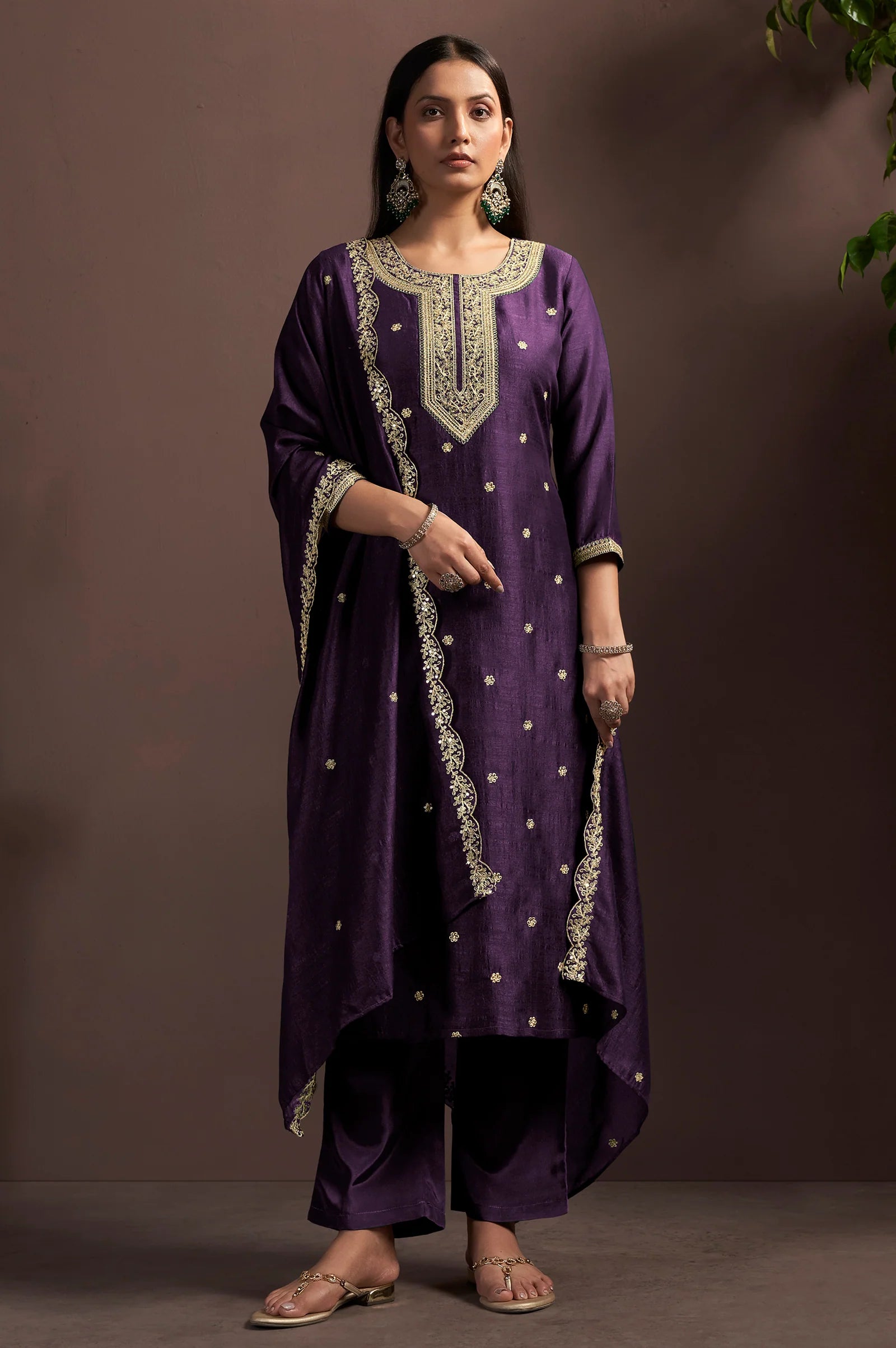 Green Vichitra Silk Embroidered Straight Kurta Set with Embroidered Dupatta