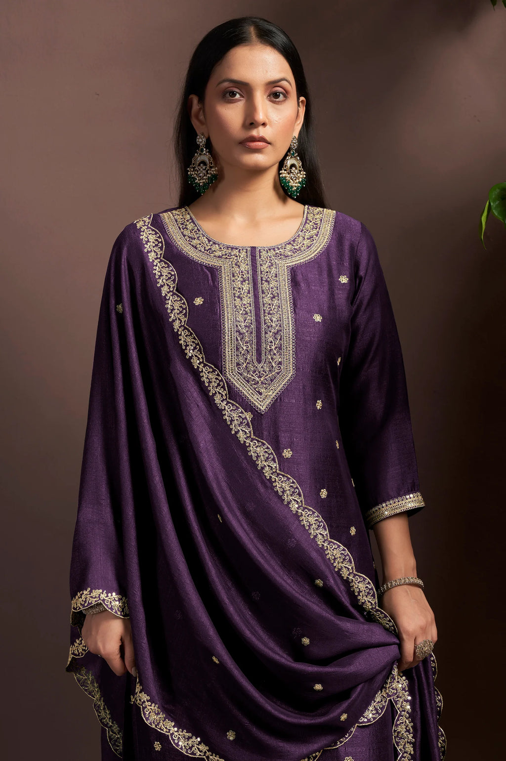 Green Vichitra Silk Embroidered Straight Kurta Set with Embroidered Dupatta