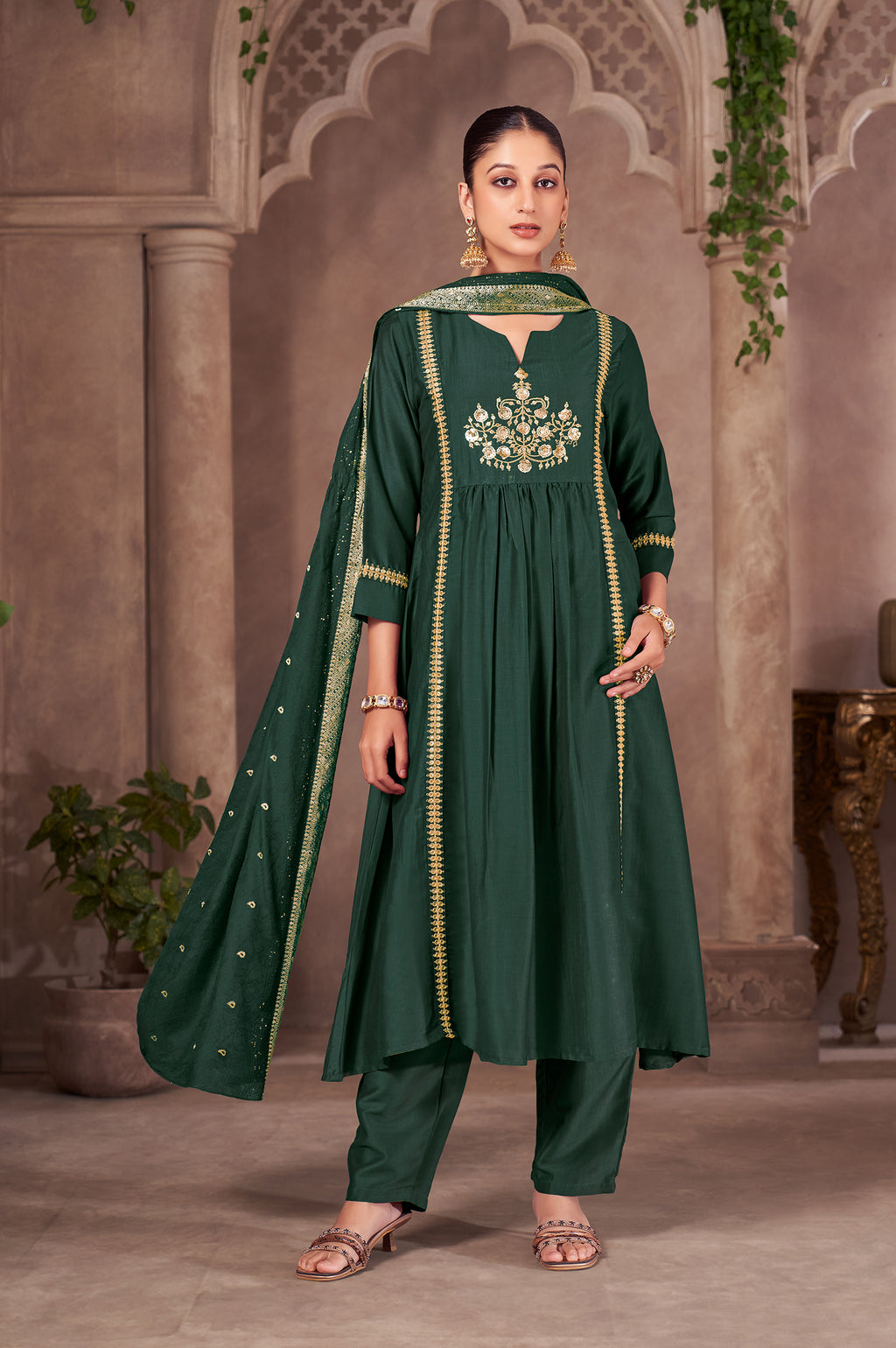 Wine Chinnon Embroidered Flared Kurta Set with Jacquard Chanderi Dupatta