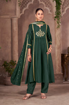 Wine Chinnon Embroidered Flared Kurta Set with Jacquard Chanderi Dupatta