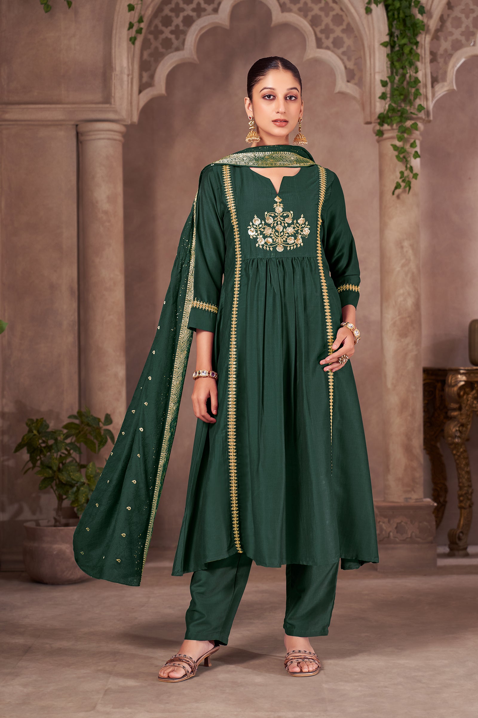 Wine Chinnon Embroidered Flared Kurta Set with Jacquard Chanderi Dupatta