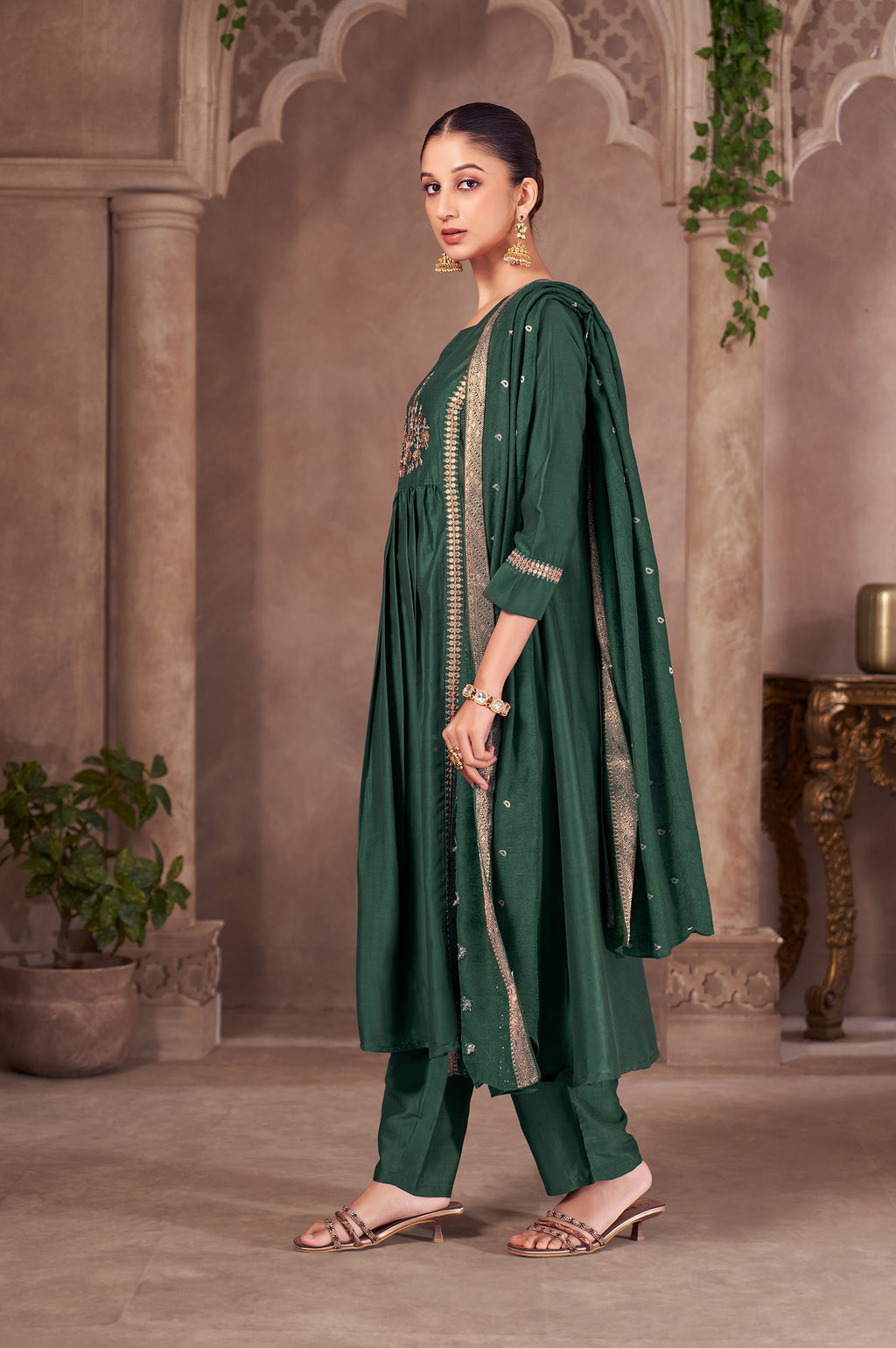 Wine Chinnon Embroidered Flared Kurta Set with Jacquard Chanderi Dupatta