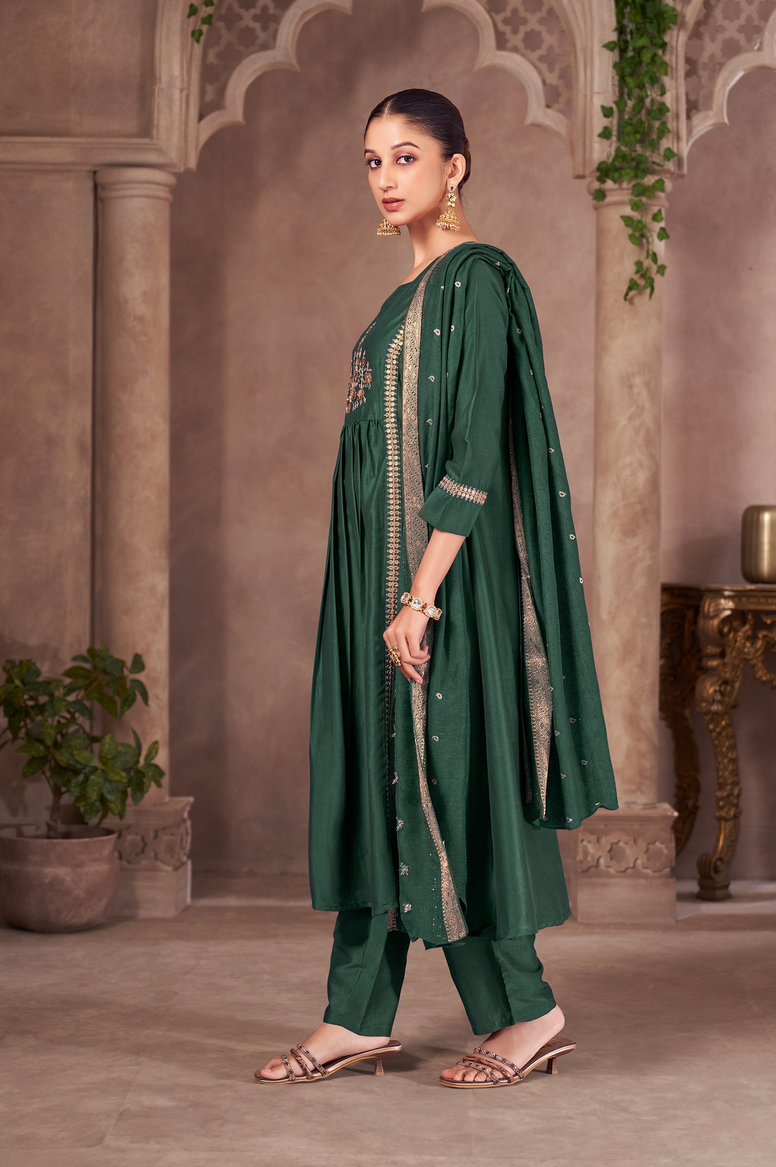 Wine Chinnon Embroidered Flared Kurta Set with Jacquard Chanderi Dupatta