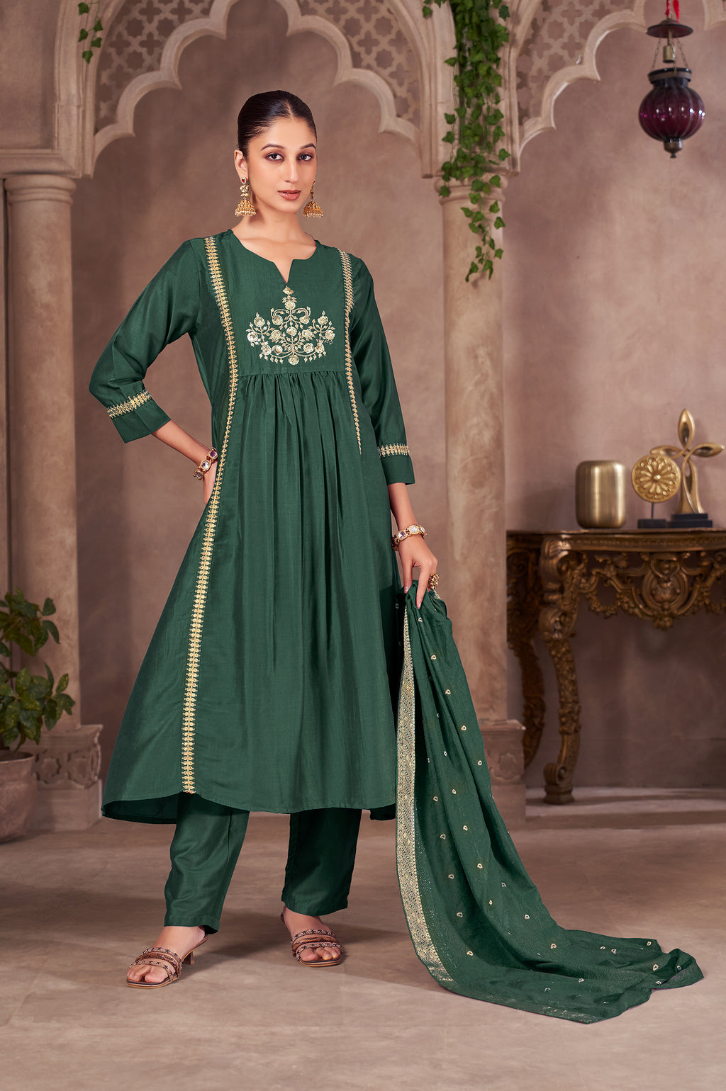 Wine Chinnon Embroidered Flared Kurta Set with Jacquard Chanderi Dupatta