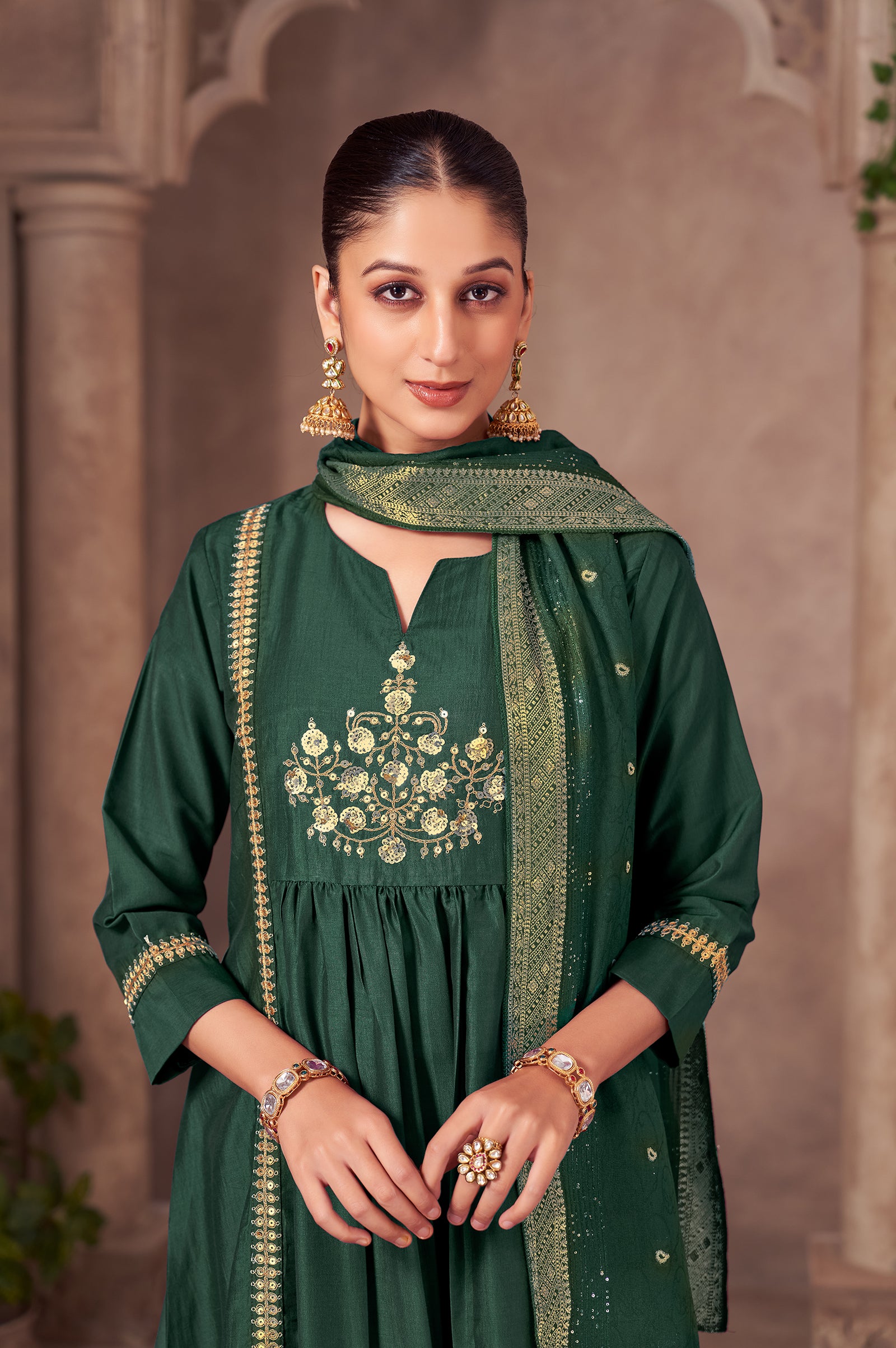 Wine Chinnon Embroidered Flared Kurta Set with Jacquard Chanderi Dupatta