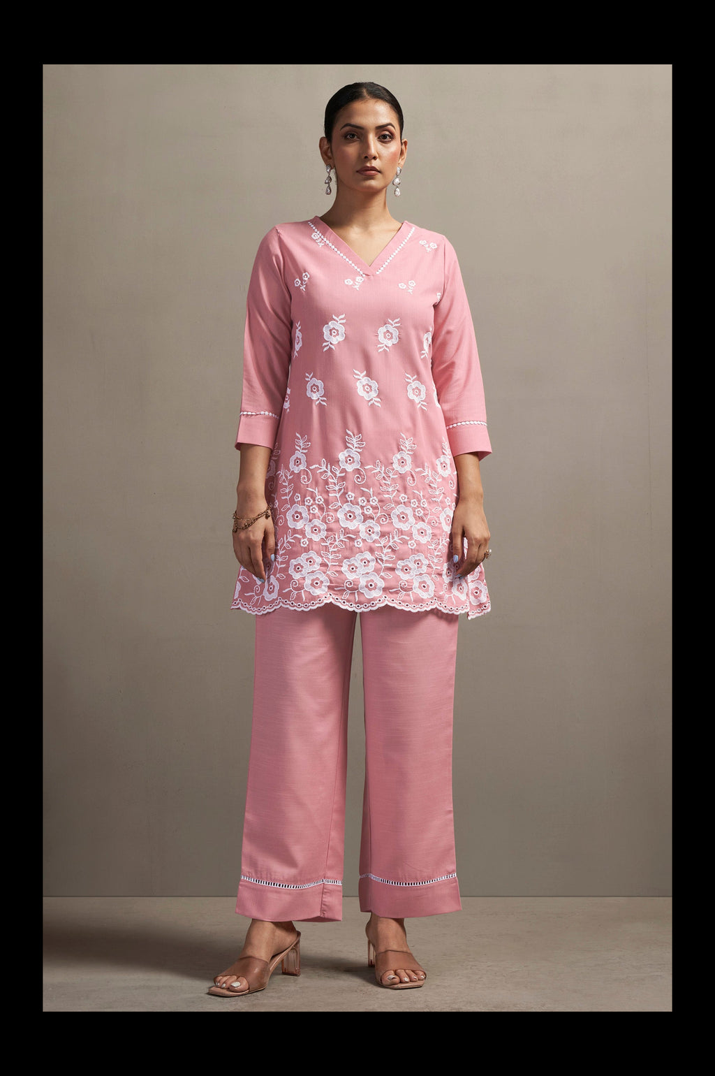 Women's Pink Pure Cotton Schiffli Embroidered Straight Co-Ord Set